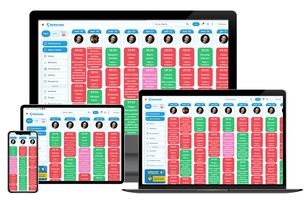 L'agenda di BarberApp su monitor, portatile, tablet e telefono